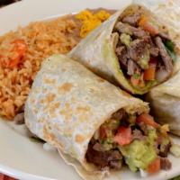 (1) Asada Burrito  · One carne asada burrito with guacamole and pico de Gallo.
Rice and beans on the side.