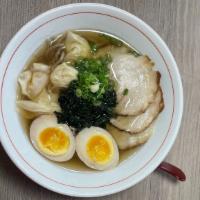 Char-Siu Wonton Udon · Udon noodle soup (fish broth) with char-siu pork, shrimp wonton, seasoned soft boiled egg, s...