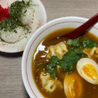 Gyoza Soup · Choice of (Clear broth or Curry Soup) with pork gyoza dumplings, shrimp wonton, seasoned egg...