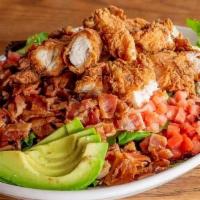 Crispy Cobb Salad · mixed greens | country fried chicken | blue cheese | avocado | bacon | tomato | hard boiled ...