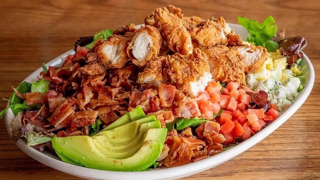 Crispy Cobb Salad · mixed greens | country fried chicken | blue cheese | avocado | bacon | tomato | hard boiled egg | choice of dressing | sub grilled chicken for $2