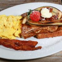 French Toast Tractor Driver Combo · Dipped in our banana cinnamon cream with candied pecans, grilled banana.  Served with two eg...