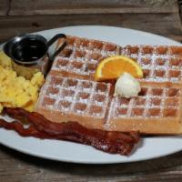 Waffle Tractor Driver Combo · Choice of Waffle served with two eggs with choice of bacon, sausage links, turkey sausage pa...