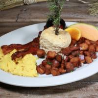 Two Egg Basic  Breakfast · Any style egg, served with potatoes and your choice of bacon, sausage links, or turkey sausa...