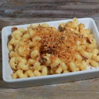 Bacon Mac · Capatavi pasta with rich and creamy cheese sauce and smoked bacon topped with toasted bread ...
