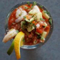 Coctel De Camarones · Mexican shrimp cocktail with pico de gallo and our camaronazo sauce made of tomato, orange, ...