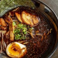 Black Garlic Ramen · Soy sauce flavored ramen. Black garlic oil, fresh green onions, bean sprouts, chashu, bamboo...