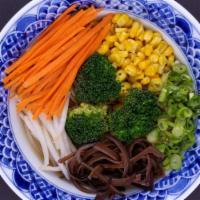 Vegetable Ramen · Vegetable based soup topped with bean sprout, broccoli, corn, black mushroom, carrot and sca...