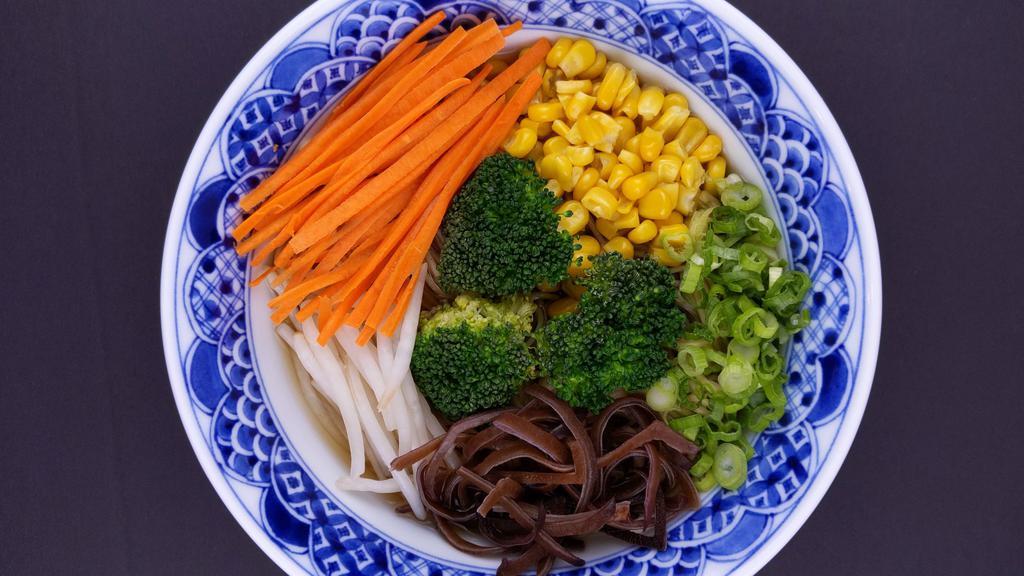 Vegetable Ramen · Vegetable based soup topped with bean sprout, broccoli, corn, black mushroom, carrot and scallion.
