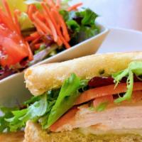 Turkey Club · Turkey breast, bacon, provolone cheese, butter lettuce, tomatoes, red onions, avocado, mayo ...