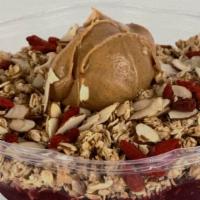 Health Nut Acai Bowl · Acaí, strawberry, blueberry, and banana. Topped with granola, peanut butter, goji berries, ...