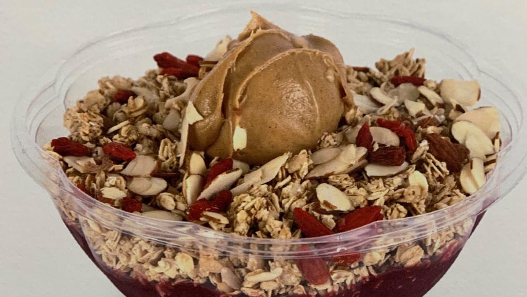 Health Nut · Acai, Strawberry, Blueberry and Banana
Topped with:
Granola, Peanut Butter, Goji Berries, Almonds and Agave Nectar