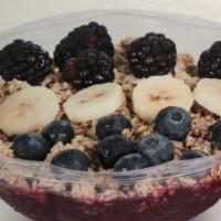 Banana Berry Crunch · Acai, Strawberry, Blueberry and Banana
Topped with:
Granola, Blackberries, Blueberries, Bana...