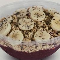 Chia Power Acai Bowl · Acaí, dragon fruit, banana, and spinach. Topped with granola, banana, and chia seeds.