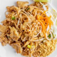 Phad Thai · Rice noodles stir fried with egg, bean sprouts, onions, and peanuts.