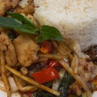 Phad Phet · Medium spicy. Stir fried bamboo shoots, cabbage,onions, bell peppers, basil and kaffir leave...