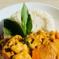 Massaman Curry · Creamy mild curry with cumin spices, mixed bamboo, baby corn, peas and carrots, basil served...