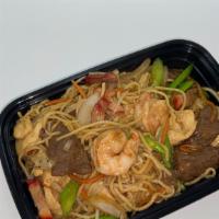 Genghis Khan Special Chow Mein · Finely selected prawns, chicken, beef, bbq pork, and fresh vegetables cooked with the most p...