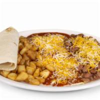 Huevo Rancheros · Served with pan-fried potatoes, slow-cooked pinto beans, 2 eggs of choice, red or green chil...