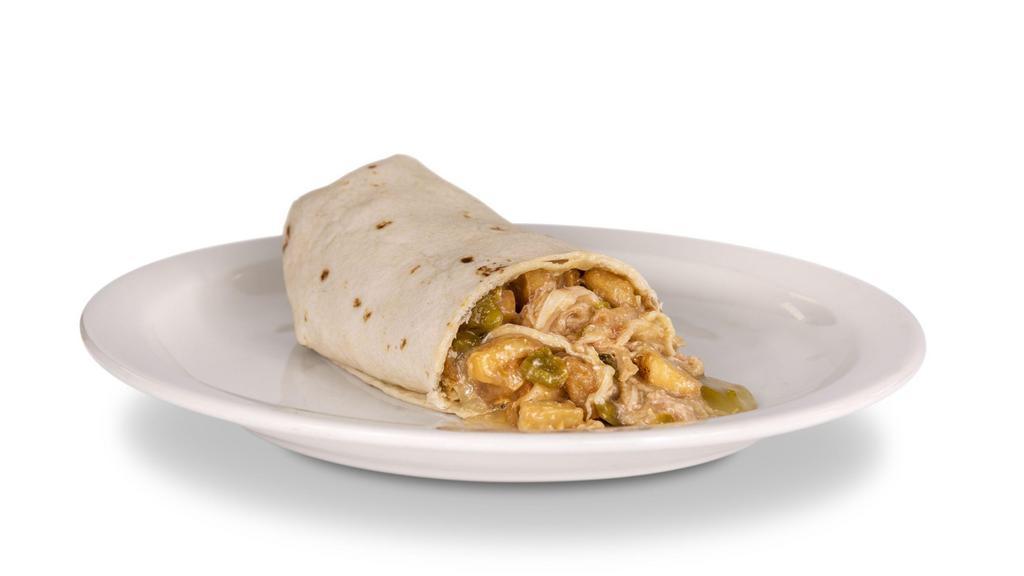 Green Chile Chicken Burrito · Beans, potatoes, green chile and cheese. 860 calories.