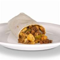 Ground Beef Burrito · Potatoes, green chile and cheese. 990 calories.