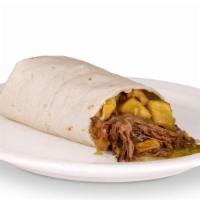 Shredded Beef Burrito · Potatoes, green chile and cheese. 840 calories.
