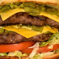 Renegade Burger · Grilled bun, 2 X chopped green chile, 2 X cheese, lettuce, tomato, pickles, mustard and ketc...