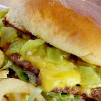 Green Chile Cheeseburger · Grilled bun, chopped green chile, cheese, lettuce, tomato, mustard and ketchup. Made with 10...
