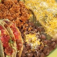 Combination Plater · 2 green chile chicken enchiladas, 2 crispy, seasoned ground beef tacos, choice chile. Comes ...