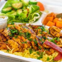 Chicken Shawarma Plate · Rice, salad, vegetable stew.