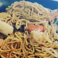 Seafood Stir Ramen · Mussel, shrimp, crab meat, fish cake, squid, bean sprouts, carrots, peppers, boiled ramen an...