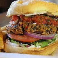 Vegan Burger (D) · Spicy, made from scratch, black bean patty, spring mix, tomato, red onion, vegan mayo, signa...