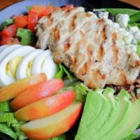 Nw Cobb Salad (D) · All-natural chicken breast, fresh greens, gorgonzola cheese, bacon, egg, tomato, apple, avoc...