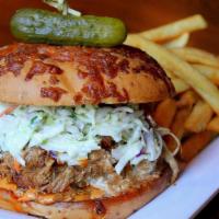 Bbq Pulled Pork (D) · Tender, slow cooked pulled pork/house-made BBQ sauce/coleslaw/house-made chipotle mayo/Ciaba...