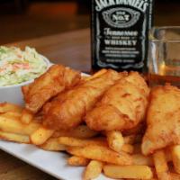 Fish & Chips (D) · Hand battered wild caught cod fillets/served with coleslaw/natural cut fries/house-made tart...