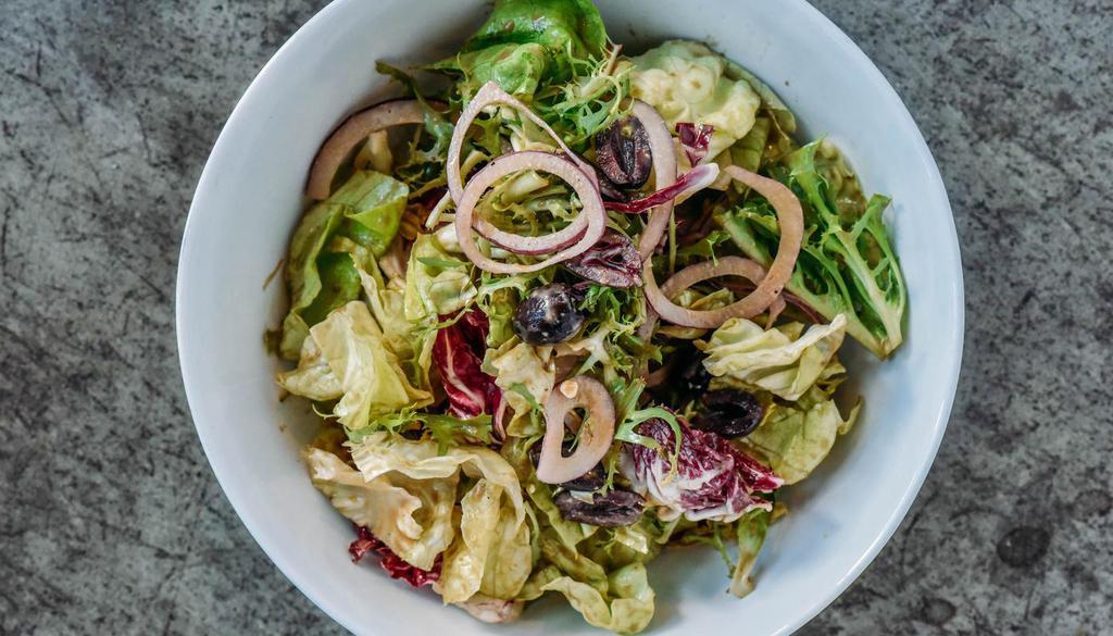 Mixed Green Salad - · Radicchio, Frisee, Arugula, Red Onion, Olives, Sweet Peppers, Balsamic Vinaigrette and Ricotta Salata Cheese