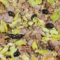 Capricciosa · Tomato sauce mozzarella ham artichokes organic: mushrooms and kalamata olives