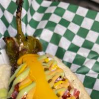 Anaheim Chile Dog · Hot dog wrapped in a non-spicy anaheim green chile, stuffed with mozzarella cheese. / Hot do...