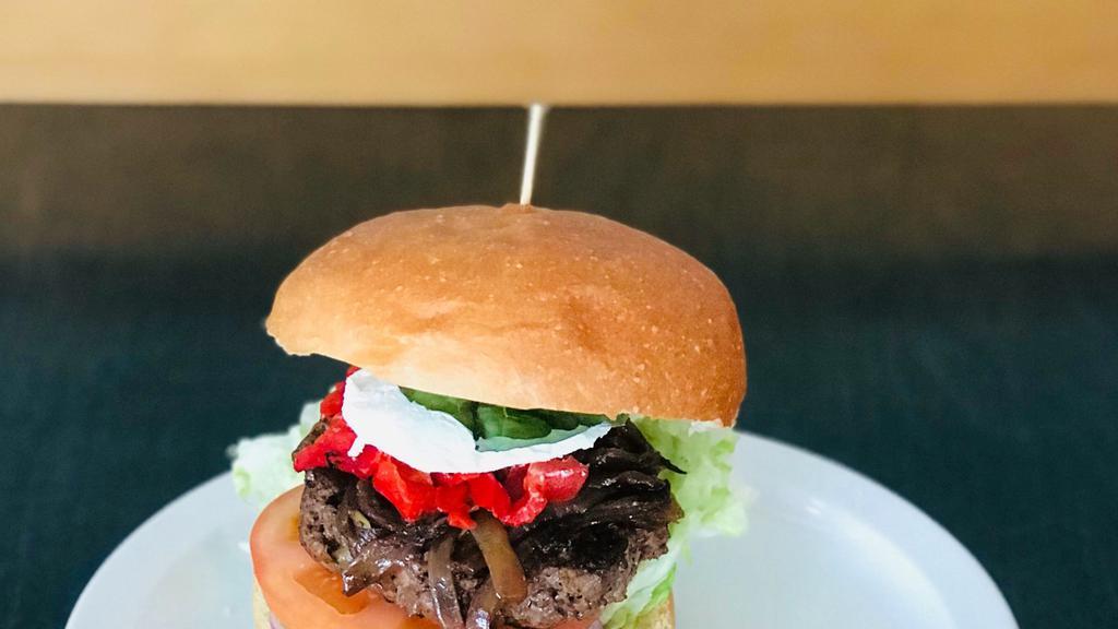 Roasted Red Pepper & Goat Cheese Burger · Red pepper, goat cheese, caramelized onions, and fresh basil.