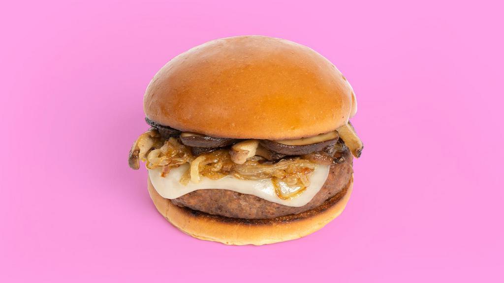 Mushroom Burger Combo · Beyond Burger, Cheese, Fried Onions, BBQ Sauce, Your Choice of Side and Drink