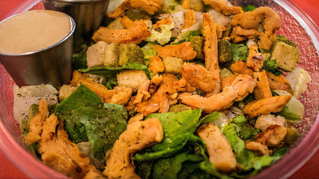 Chicken Caesar · Fresh cut Romaine lettuce tossed with a tangy House Made Caesar dressing, topped with croutons, black pepper, and roasted Chicken. (Currently out of Caesar Dressing, will automatically replace with Ranch Dressing unless otherwise noted)