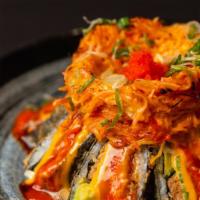 Fuji Mountain Roll (Deep-Fried) · Spicy Tuna, cucumber, cream cheese, avocado, creamy spicy crab, green onion, eel sauce, spic...