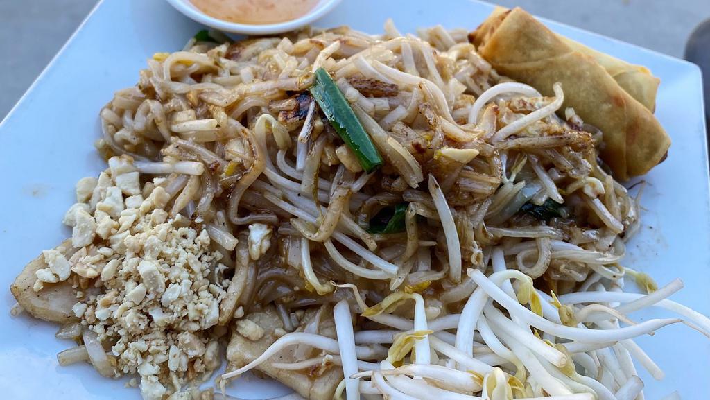 Pad Thai · Rice noodles eggs peanuts and bean sprouts tossed in sweet tamarind sauce. choice of meat.