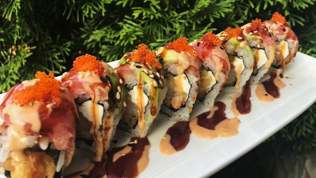 Playboy · Cream cheese & shrimp tempura, topped with tuna, avocado, sesame seeds, dynamite sauce, eel sauce & tobiko.

Consuming raw or undercooked meats, poultry, seafood, shellfish or eggs may increase your risk of foodborne illness.