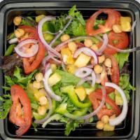 House Salad · Mixed greens, tomatoes, bell pepper, red onion, pineapple, garbanzo beans and house-made hon...