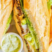 Chipotle Black Bean ＆ Corn Patty Sandwich · Vegetarian black bean ＆ corn patty grilled and served on toasted Cuban bread with Geo’s Caju...
