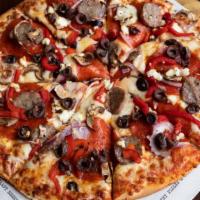 The Tribune Pizza · Red sauce, mozzarella, pepperoni, Italian sausage, ricotta, red onion, mushroom, roasted pep...