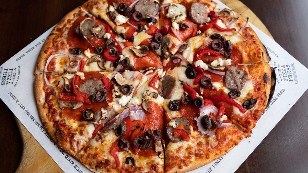 The Tribune Pizza · Red sauce, mozzarella, pepperoni, Italian sausage, ricotta, red onion, mushroom, roasted peppers, and kalamata olives.