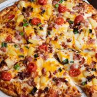 The Sun Pizza · Red sauce, mozzarella, ham, bacon, cheddar, pineapple, grape tomato, and green onion.