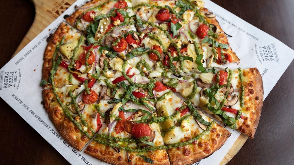 The Chronicle · Olive oil, mozzarella, artichoke hearts, grape tomato, red onion, mushroom, chevre, and roasted peppers. Finished with fresh basil and pesto.
